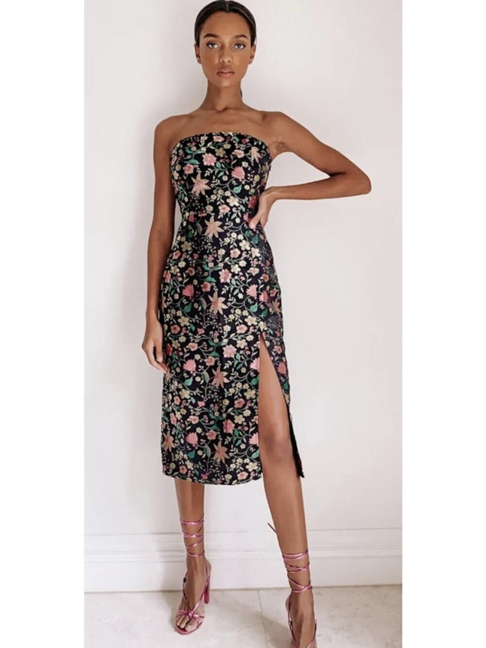 Lulus Size Small Black Satin Floral Jacquard Strapless Midi Dress NWT Metallic